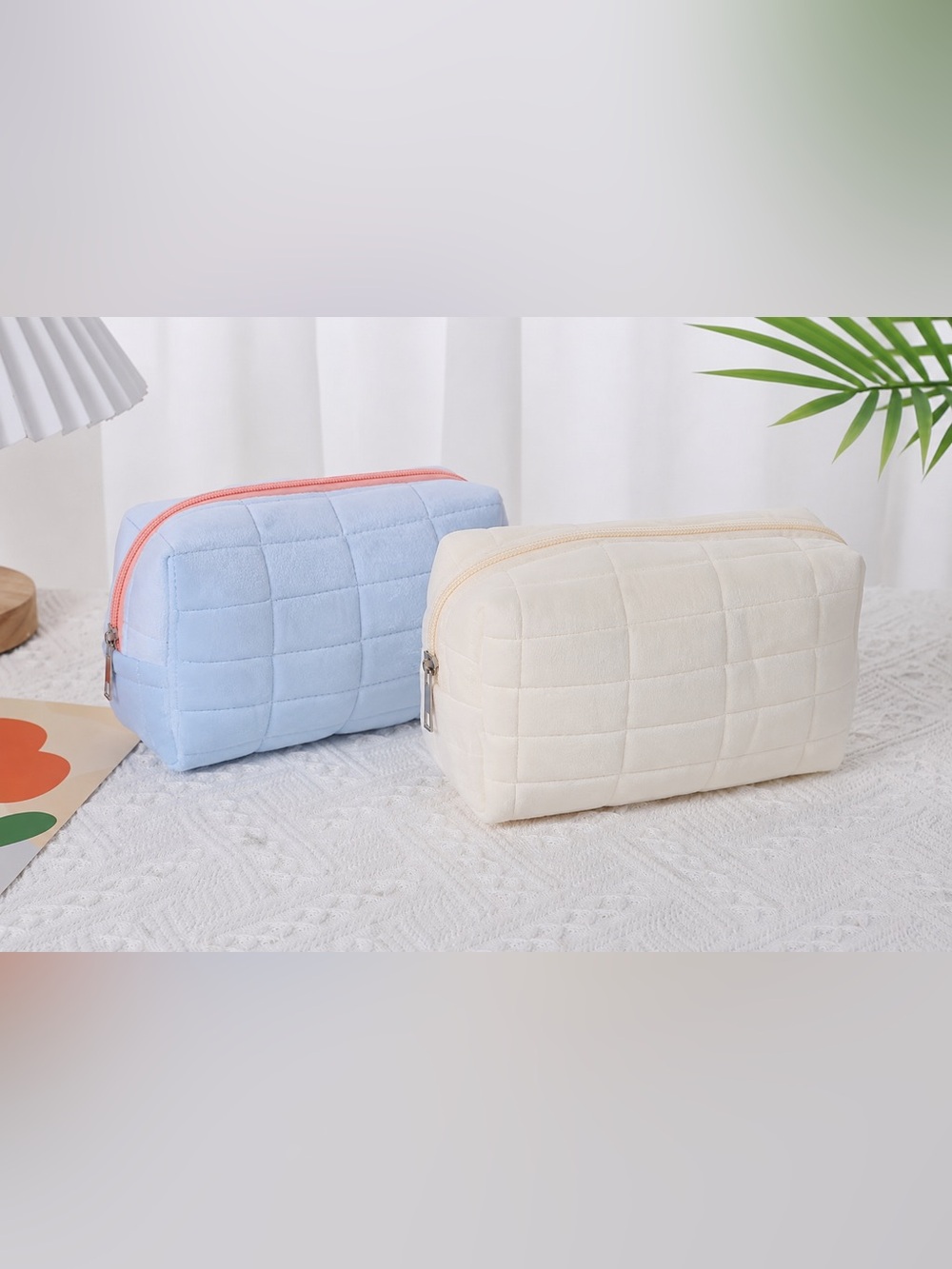 Suede Quilted Cosmetic Pouches - Cream and Blue 2 for $10